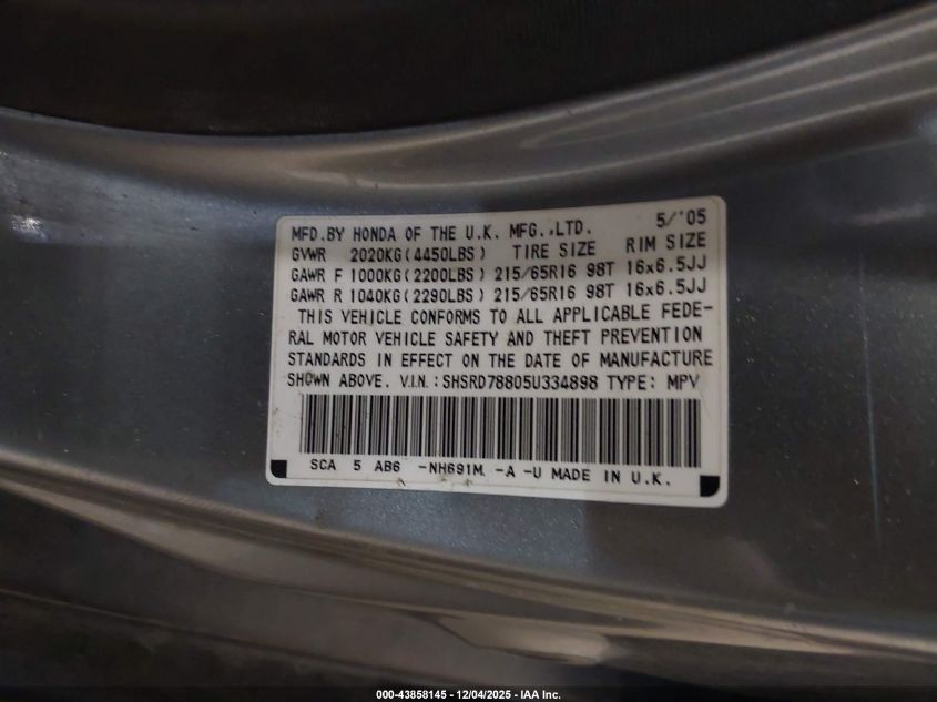 2005 Honda Cr-V Ex VIN: SHSRD78805U334898 Lot: 43858145