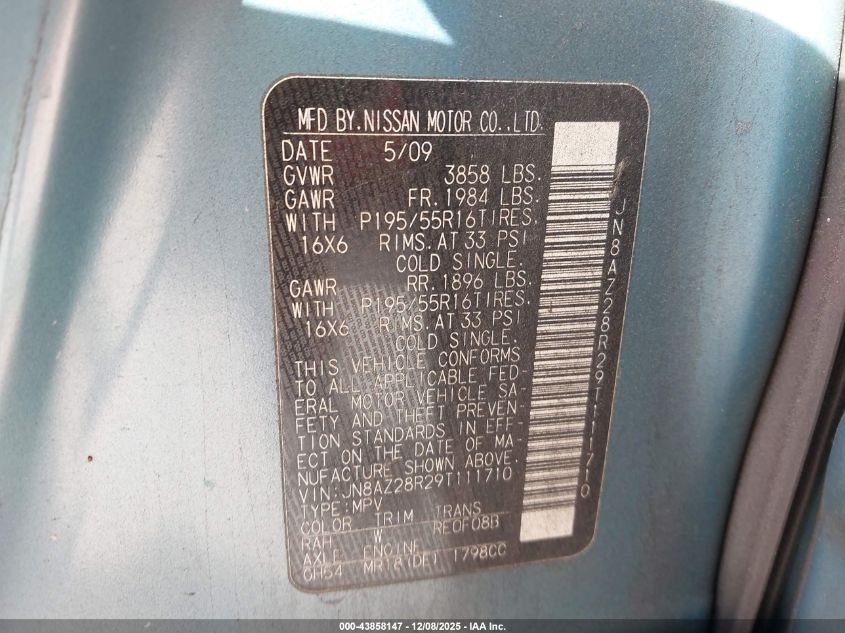 2009 Nissan Cube 1.8Sl VIN: JN8AZ28R29T111710 Lot: 43858147