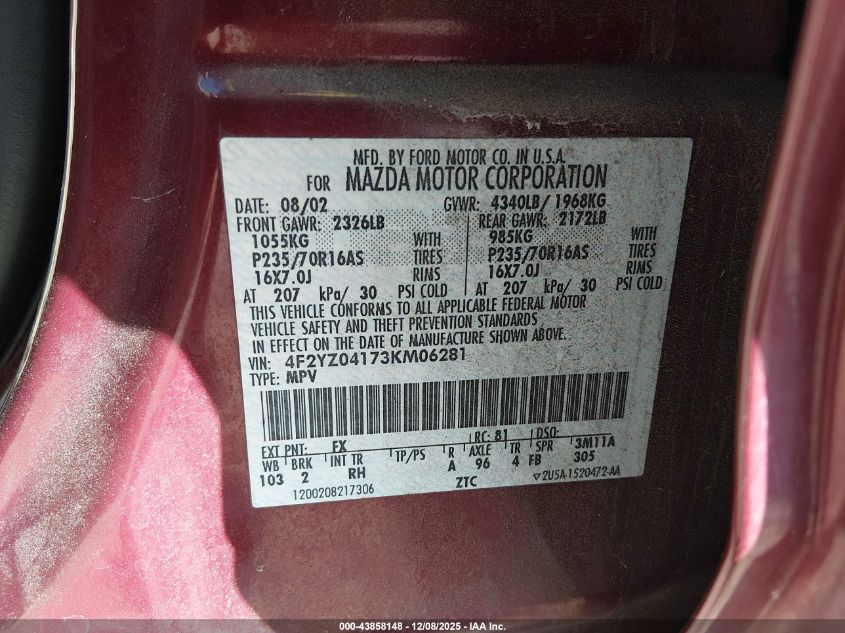 2003 Mazda Tribute Lx V6 VIN: 4F2YZ04173KM06281 Lot: 43858148