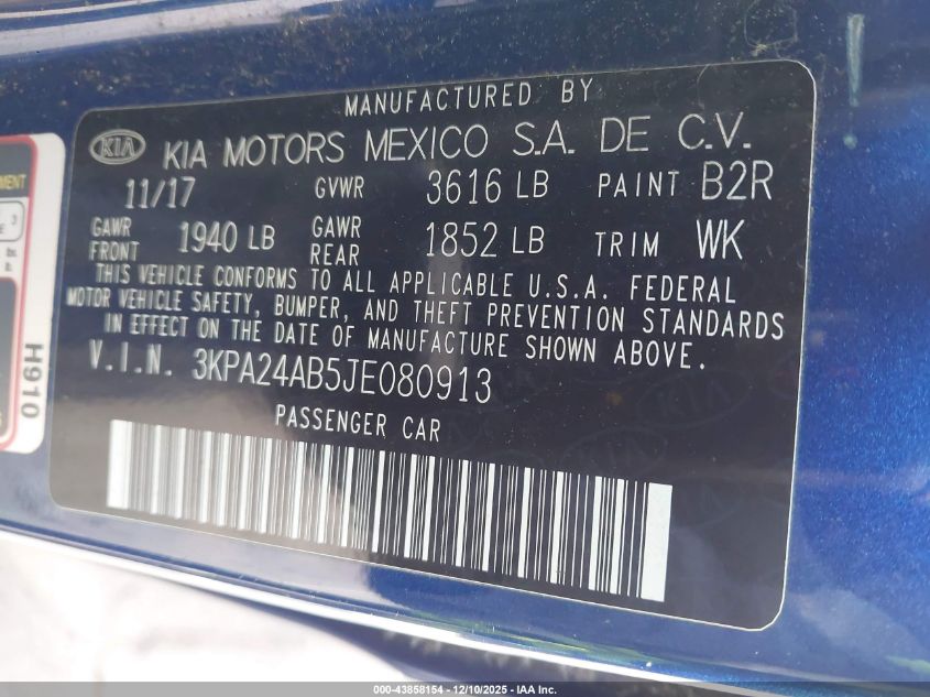 2018 Kia Rio S VIN: 3KPA24AB5JE080913 Lot: 43858154