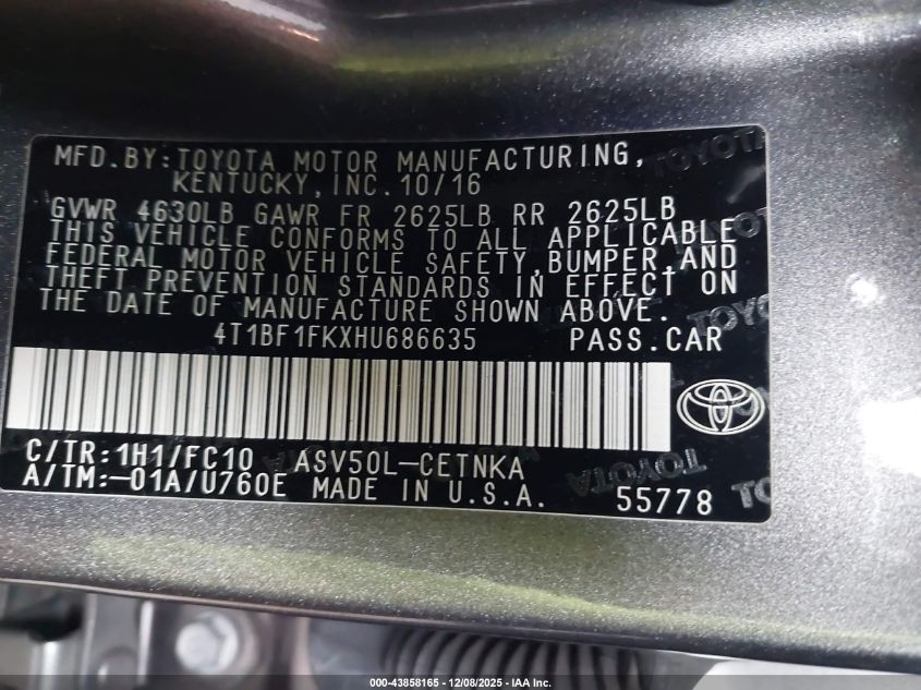 2017 Toyota Camry Le VIN: 4T1BF1FKXHU686635 Lot: 43858165