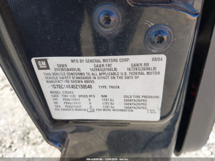2005 GMC Sierra 1500 Work Truck VIN: 1GTEC14X45Z130540 Lot: 43858166