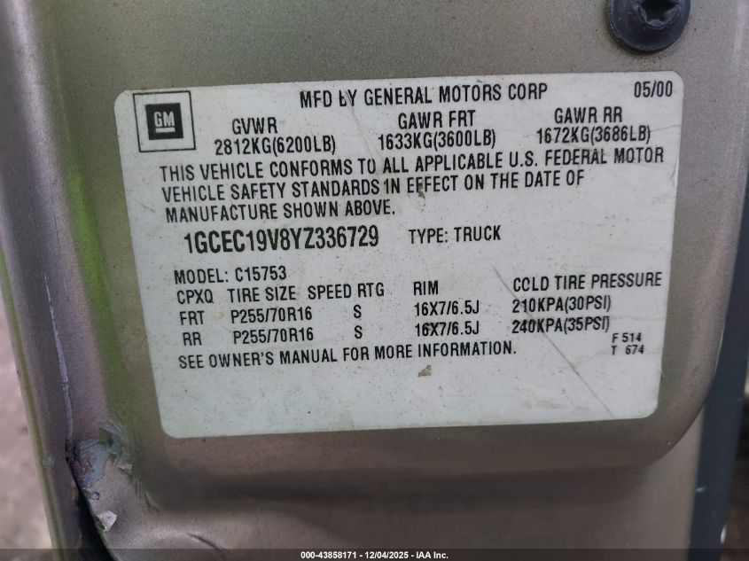 2000 Chevrolet Silverado 1500 Ls VIN: 1GCEC19V8YZ336729 Lot: 43858171