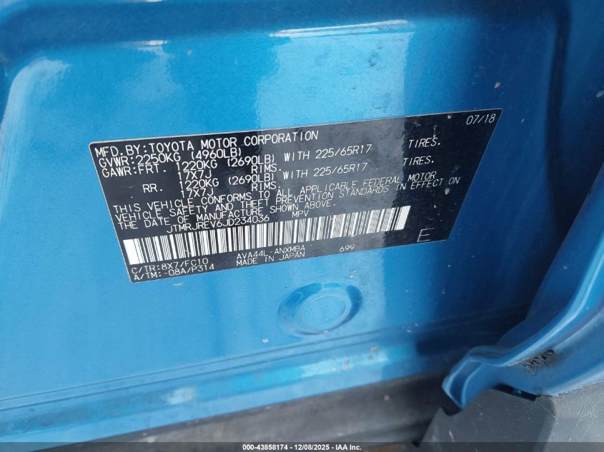 2018 Toyota Rav4 Hybrid Xle VIN: JTMRJREV6JD234036 Lot: 43858174