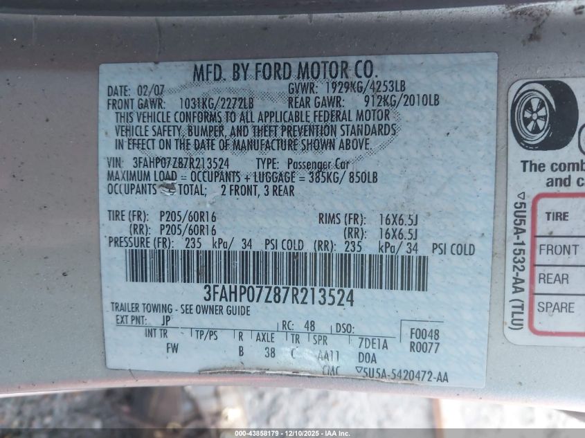 2007 Ford Fusion Se VIN: 3FAHP07Z87R213524 Lot: 43858179