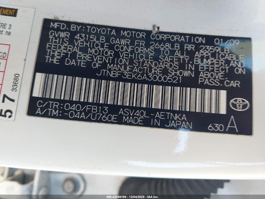 2010 Toyota Camry Le VIN: JTNBF3EK6A3000521 Lot: 43858194