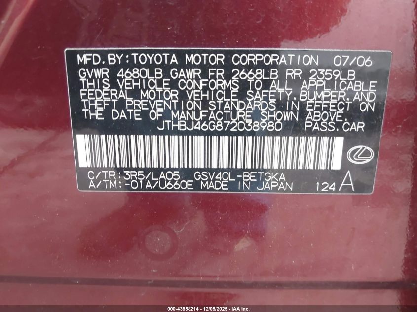 2007 Lexus Es 350 VIN: JTHBJ46G872038980 Lot: 43858214