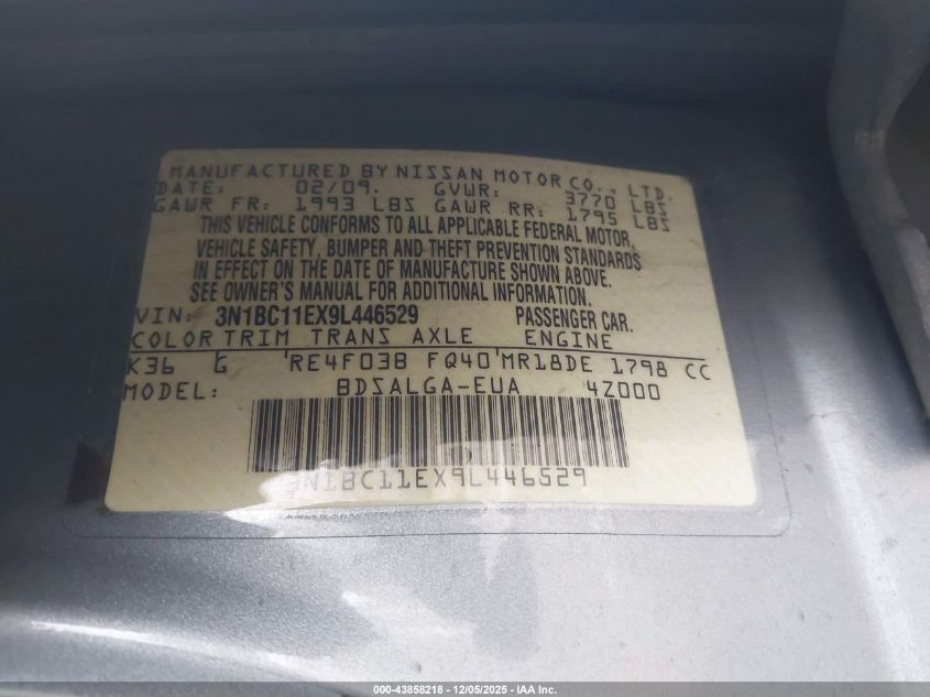 2009 Nissan Versa 1.8Sl VIN: 3N1BC11EX9L446529 Lot: 43858218