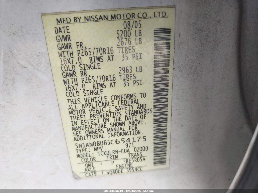 2005 Nissan Xterra S VIN: 5N1AN08U65C654175 Lot: 43858219