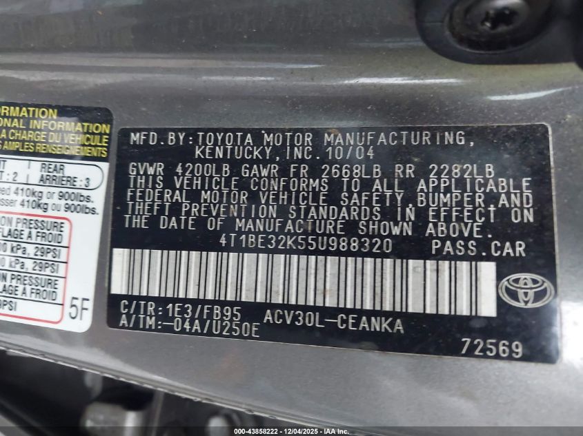 2005 Toyota Camry Le VIN: 4T1BE32K55U988320 Lot: 43858222