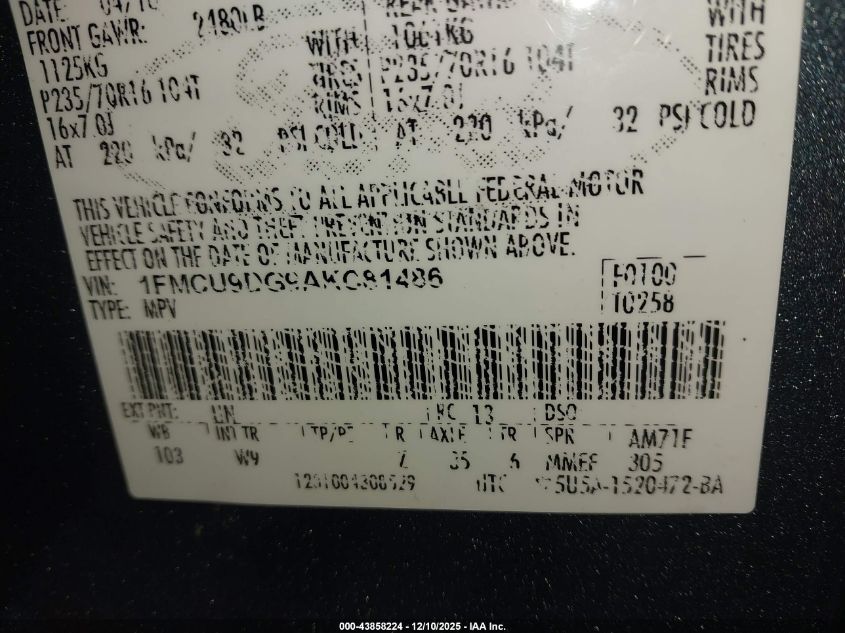 2010 Ford Escape Xlt VIN: 1FMCU9DG9AKC81486 Lot: 43858224