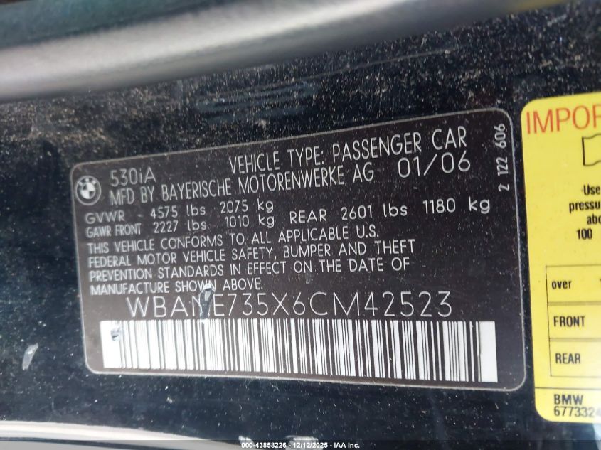 2006 BMW 530I VIN: WBANE735X6CM42523 Lot: 43858226