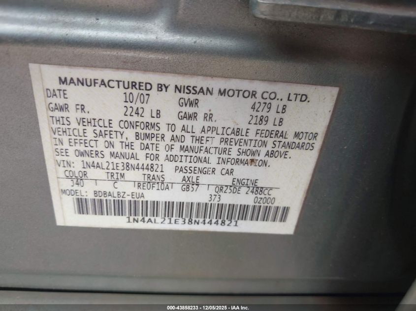 2008 Nissan Altima 2.5 S VIN: 1N4AL21E38N444821 Lot: 43858233