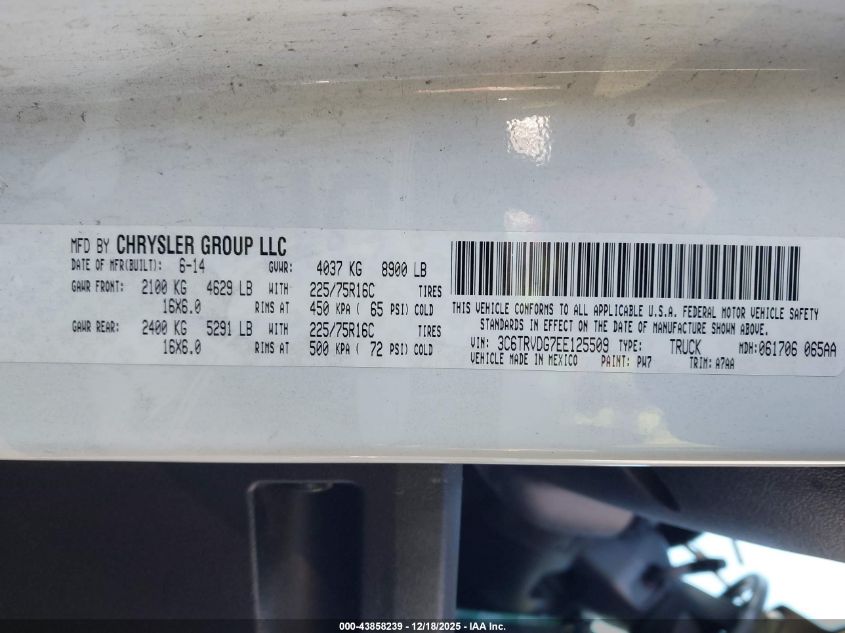 2014 Ram Promaster 2500 High Roof VIN: 3C6TRVDG7EE125509 Lot: 43858239