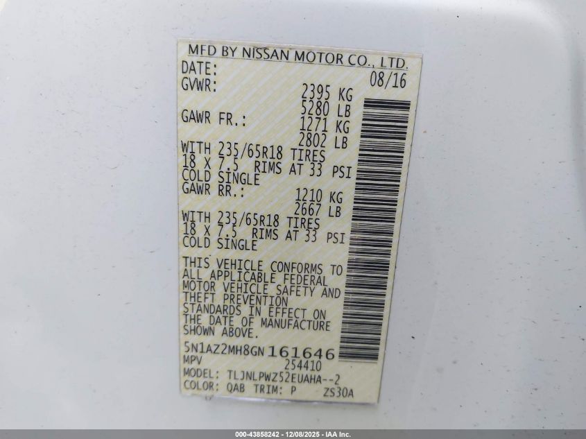 2016 Nissan Murano S VIN: 5N1AZ2MH8GN161646 Lot: 43858242