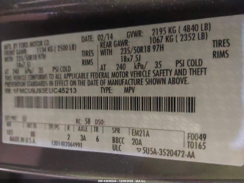 2014 Ford Escape Titanium VIN: 1FMCU9J93EUC45213 Lot: 43858244