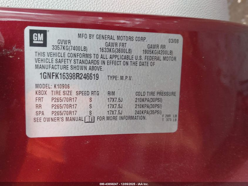 2008 Chevrolet Suburban 1500 Lt VIN: 1GNFK16398R246619 Lot: 43858247