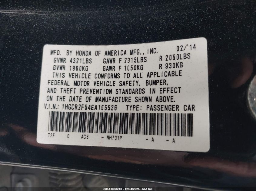 2014 Honda Accord Sport VIN: 1HGCR2F54EA155526 Lot: 43858248