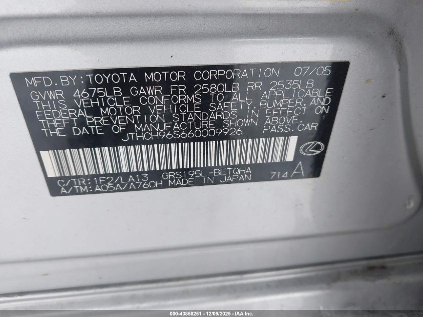 2006 Lexus Gs 300 VIN: JTHCH96S660009926 Lot: 43858251