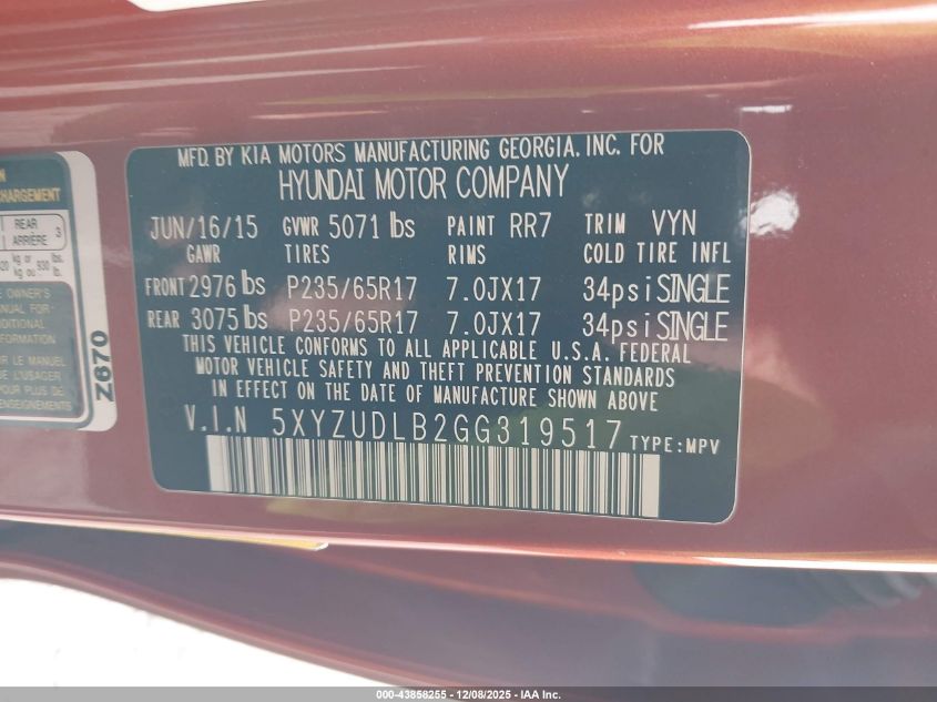 2016 Hyundai Santa Fe Sport 2.4L VIN: 5XYZUDLB2GG319517 Lot: 43858255