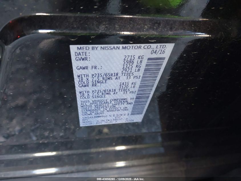 2016 Infiniti Qx60 VIN: 5N1AL0MM9GC515933 Lot: 43858265