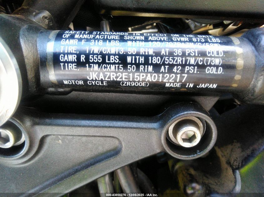 2023 Kawasaki Zr900 VIN: JKAZR2E15PA012217 Lot: 43858276