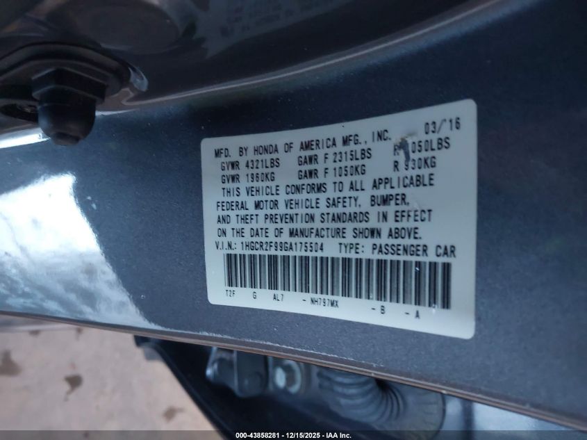 2016 Honda Accord Ex-L VIN: 1HGCR2F99GA175504 Lot: 43858281