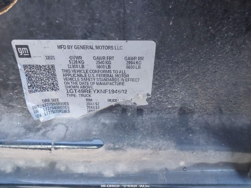 2022 GMC Sierra 2500Hd Denali VIN: 1GT49REYXNF194602 Lot: 43858320
