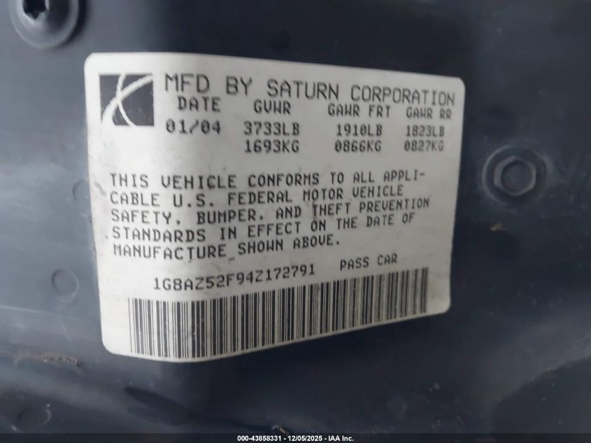 2004 Saturn Ion 2 VIN: 1G8AZ52F94Z172791 Lot: 43858331