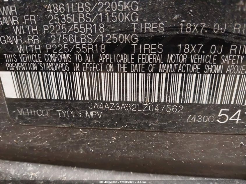 2020 Mitsubishi Outlander Es 2.4 S-Awc/Le 2.4 S-Awc/Se 2.4 S-Awc/Sel 2.4 S-Awc/Sp 2.4 S-Awc VIN: JA4AZ3A32LZ047562 Lot: 43858337