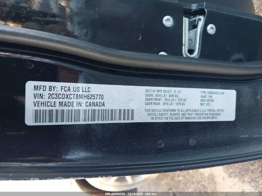 2021 Dodge Charger R/T Rwd VIN: 2C3CDXCT8MH625770 Lot: 43858338