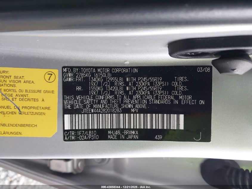 2008 Toyota Highlander Hybrid Limited VIN: JTEEW44A282018283 Lot: 43858344