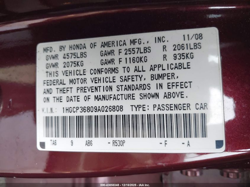 2009 Honda Accord 3.5 Ex-L VIN: 1HGCP36809A026808 Lot: 43858348