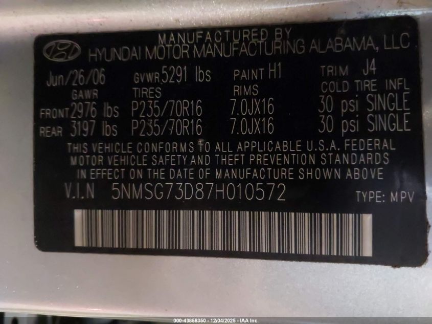 2007 Hyundai Santa Fe Gls VIN: 5NMSG73D87H010572 Lot: 43858350