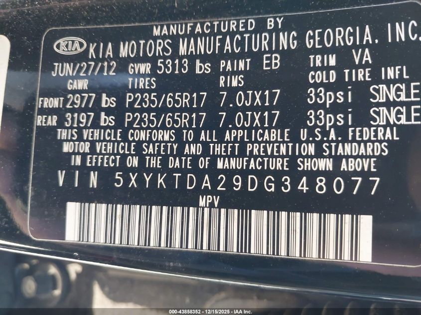 2013 Kia Sorento Lx V6 VIN: 5XYKTDA29DG348077 Lot: 43858352