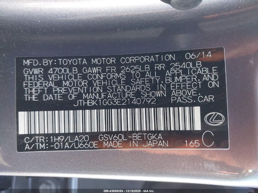 2014 Lexus Es 350 VIN: JTHBK1GG3E2140792 Lot: 43858354