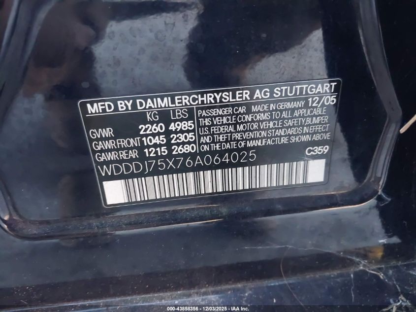 2006 Mercedes-Benz Cls 500 VIN: WDDDJ75X76A064025 Lot: 43858356