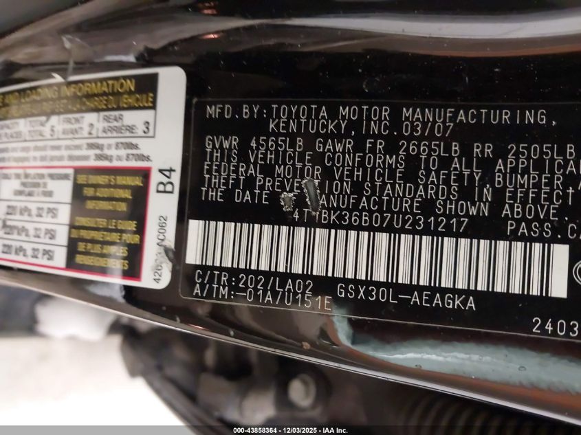 2007 Toyota Avalon Xls VIN: 4T1BK36B07U231217 Lot: 43858364