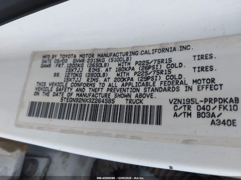 2003 Toyota Tacoma Prerunner V6 VIN: 5TEGN92NX3Z264585 Lot: 43858366