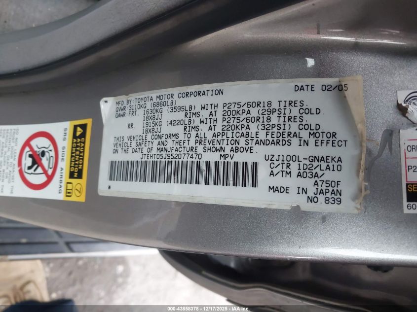 2005 Toyota Land Cruiser V8 VIN: JTEHT05J952077470 Lot: 43858378