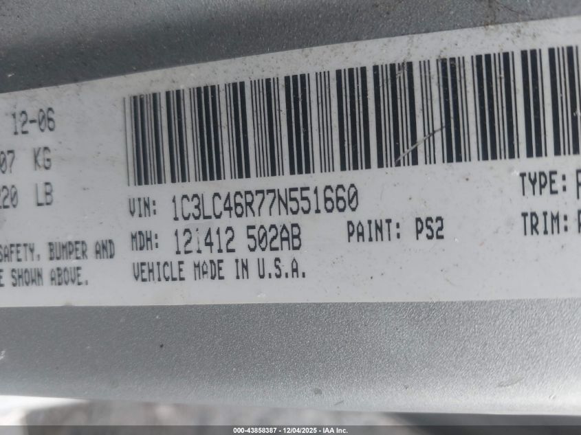 2007 Chrysler Sebring VIN: 1C3LC46R77N551660 Lot: 43858387