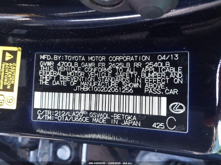 2013 Lexus Es 350 VIN: JTHBK1GG2D2061256 Lot: 43858395