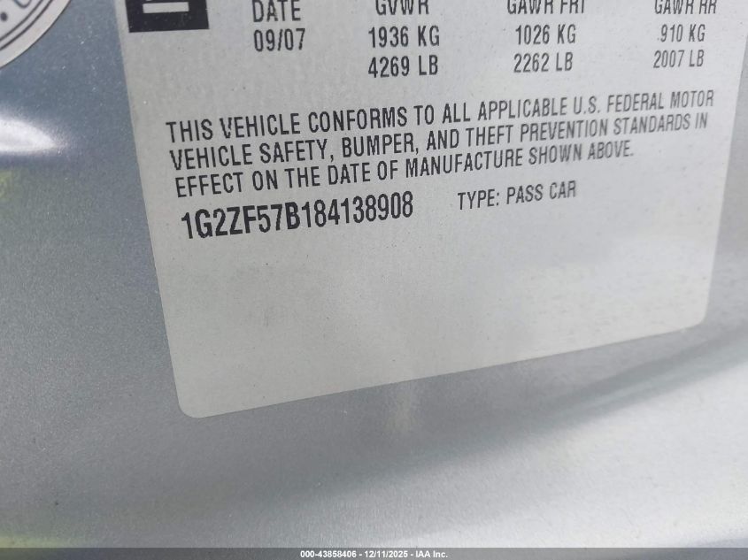 2008 Pontiac G6 Value Leader VIN: 1G2ZF57B184138908 Lot: 43858406