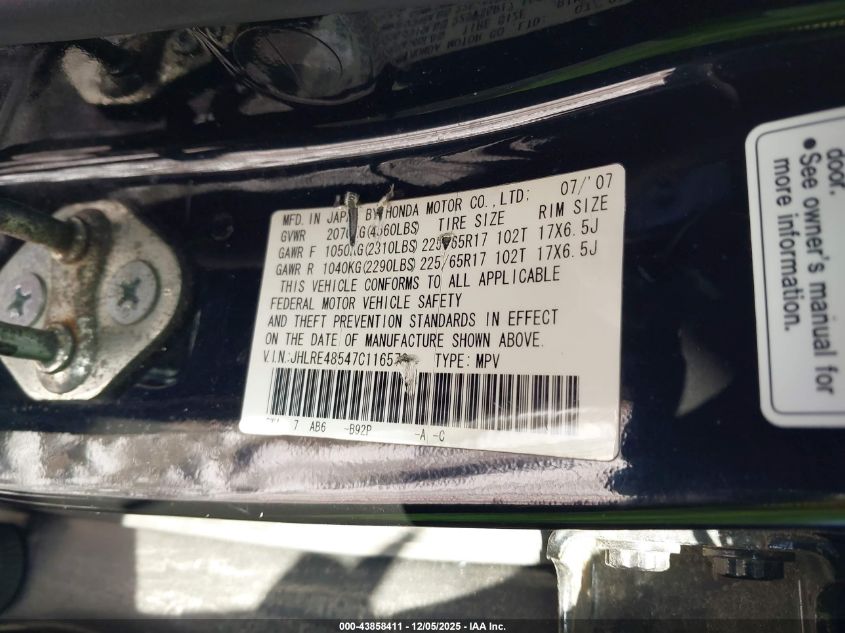 2007 Honda Cr-V Ex VIN: JHLRE48547C116572 Lot: 43858411