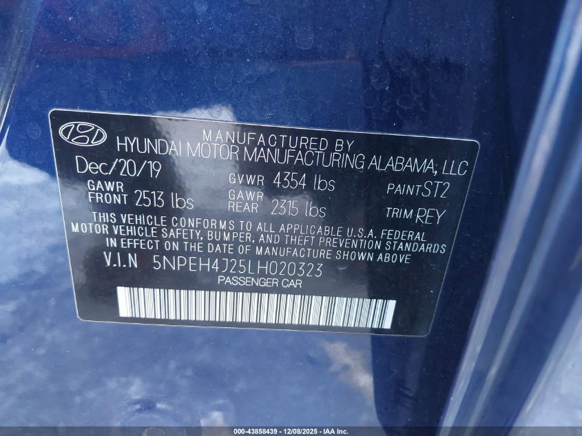 2020 Hyundai Sonata Limited VIN: 5NPEH4J25LH020323 Lot: 43858439