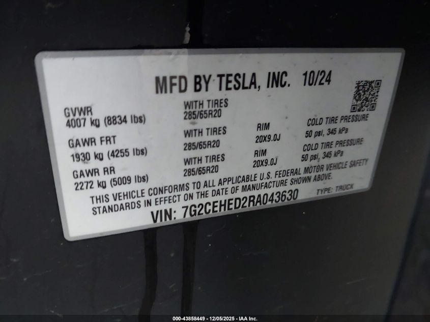 2024 Tesla Cybertruck All-Wheel Drive VIN: 7G2CEHED2RA043630 Lot: 43858449