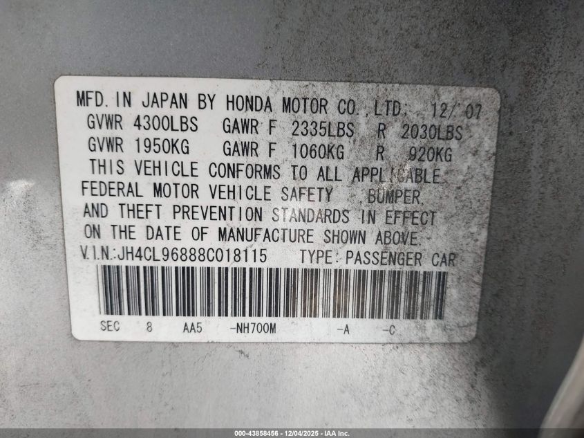 2008 Acura Tsx VIN: JH4CL96888C018115 Lot: 43858456