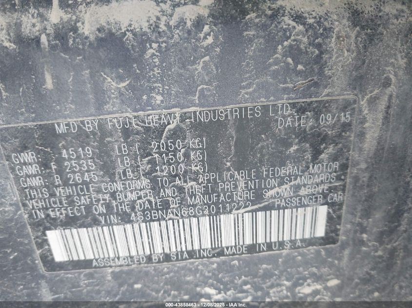 2016 Subaru Legacy 2.5I Limited VIN: 4S3BNAN68G3011222 Lot: 43858463