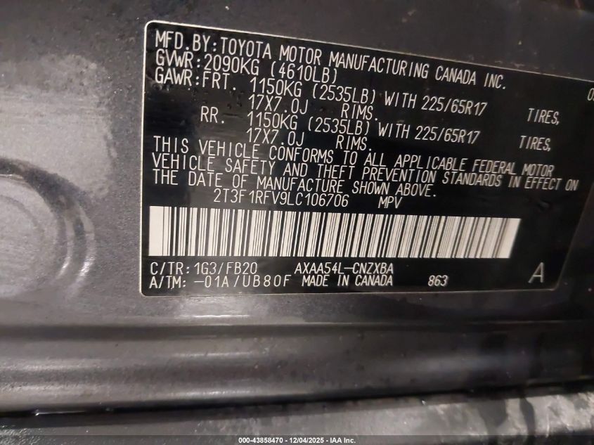 2020 Toyota Rav4 Le VIN: 2T3F1RFV9LC106706 Lot: 43858470