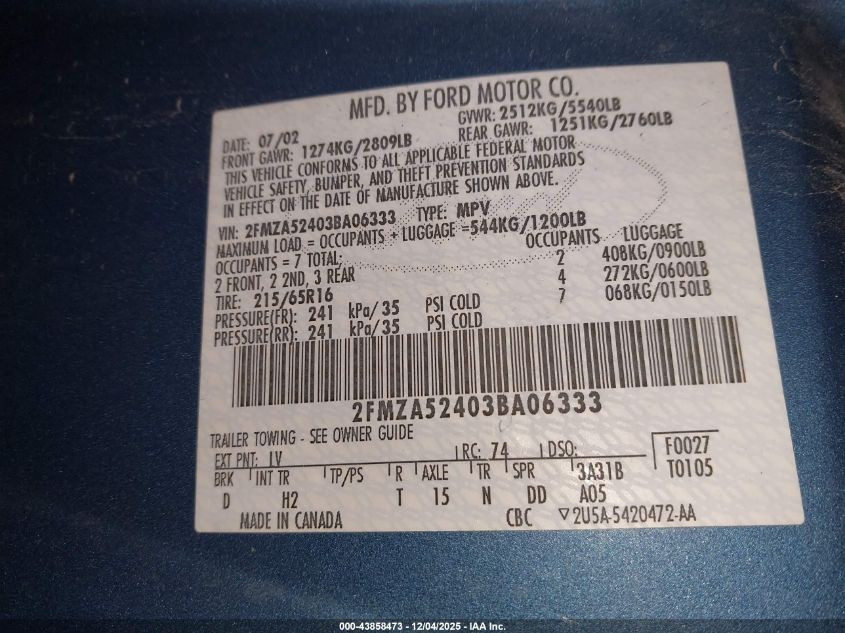 2003 Ford Windstar Se VIN: 2FMZA52403BA06333 Lot: 43858473